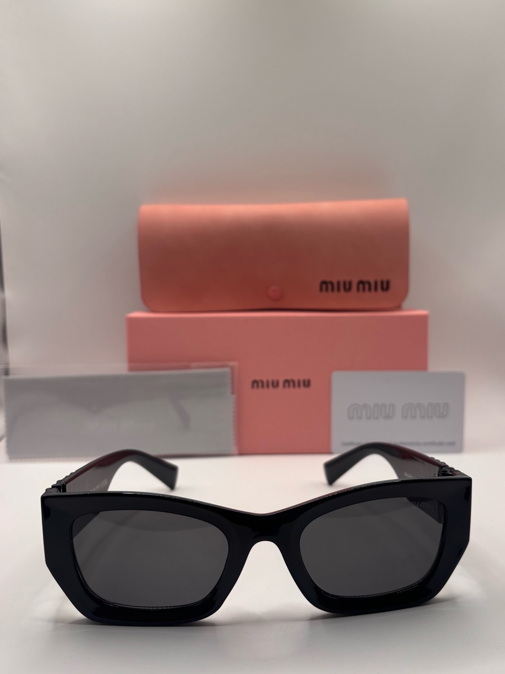 Miu Miu Black Square Cat-Eye Sunglasses with Dark Lenses